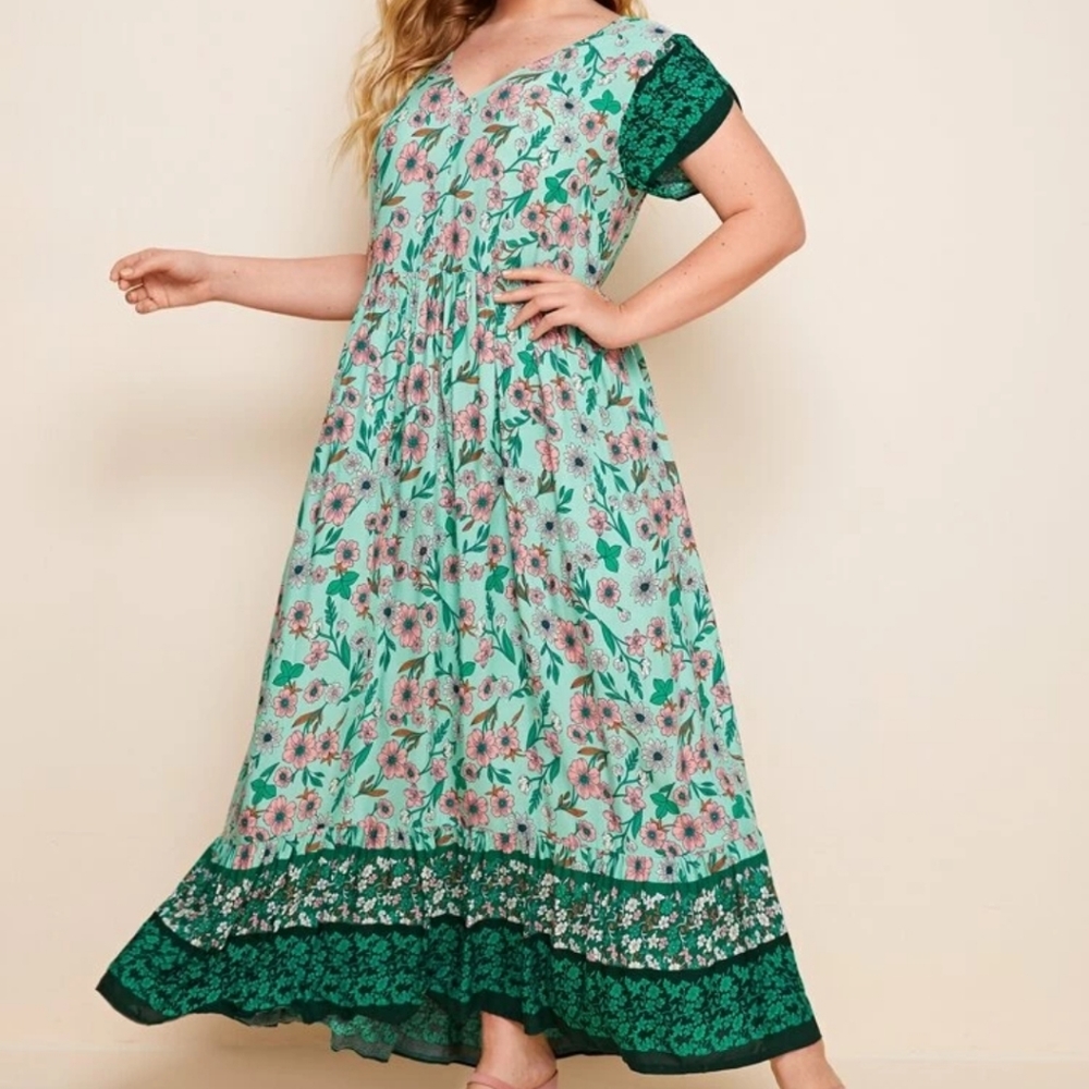 Green floral mid length dress